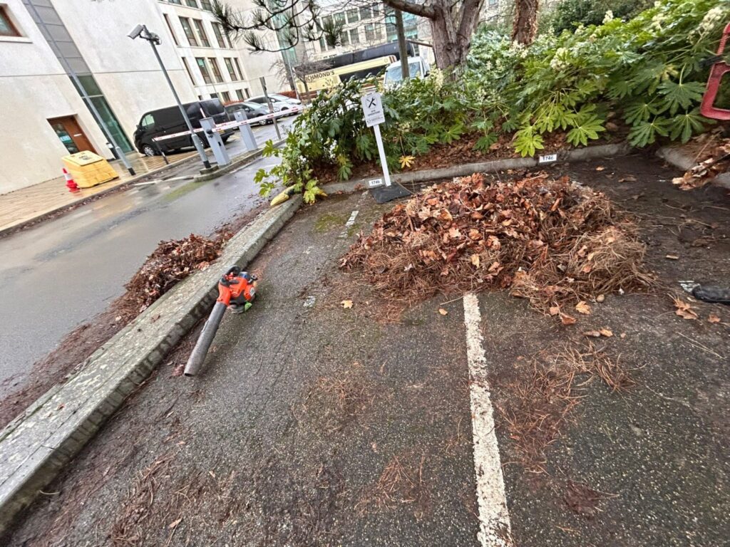 leaf blower and clearance in car park outside large buildings